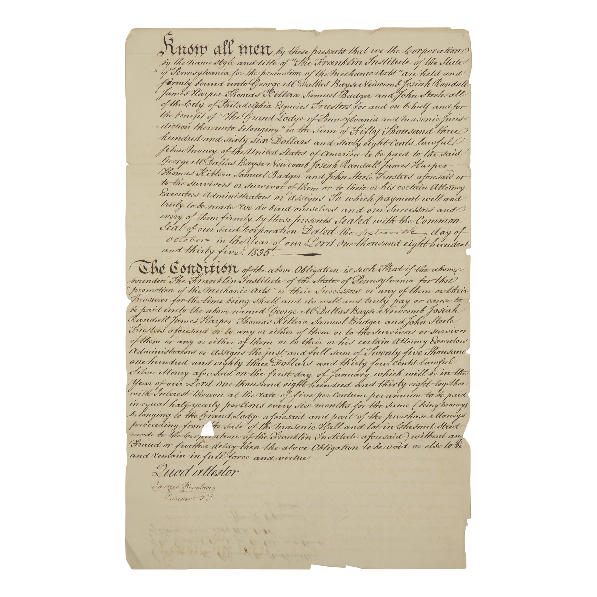 [Philadelphia] [The Franklin Institute] Manuscript document