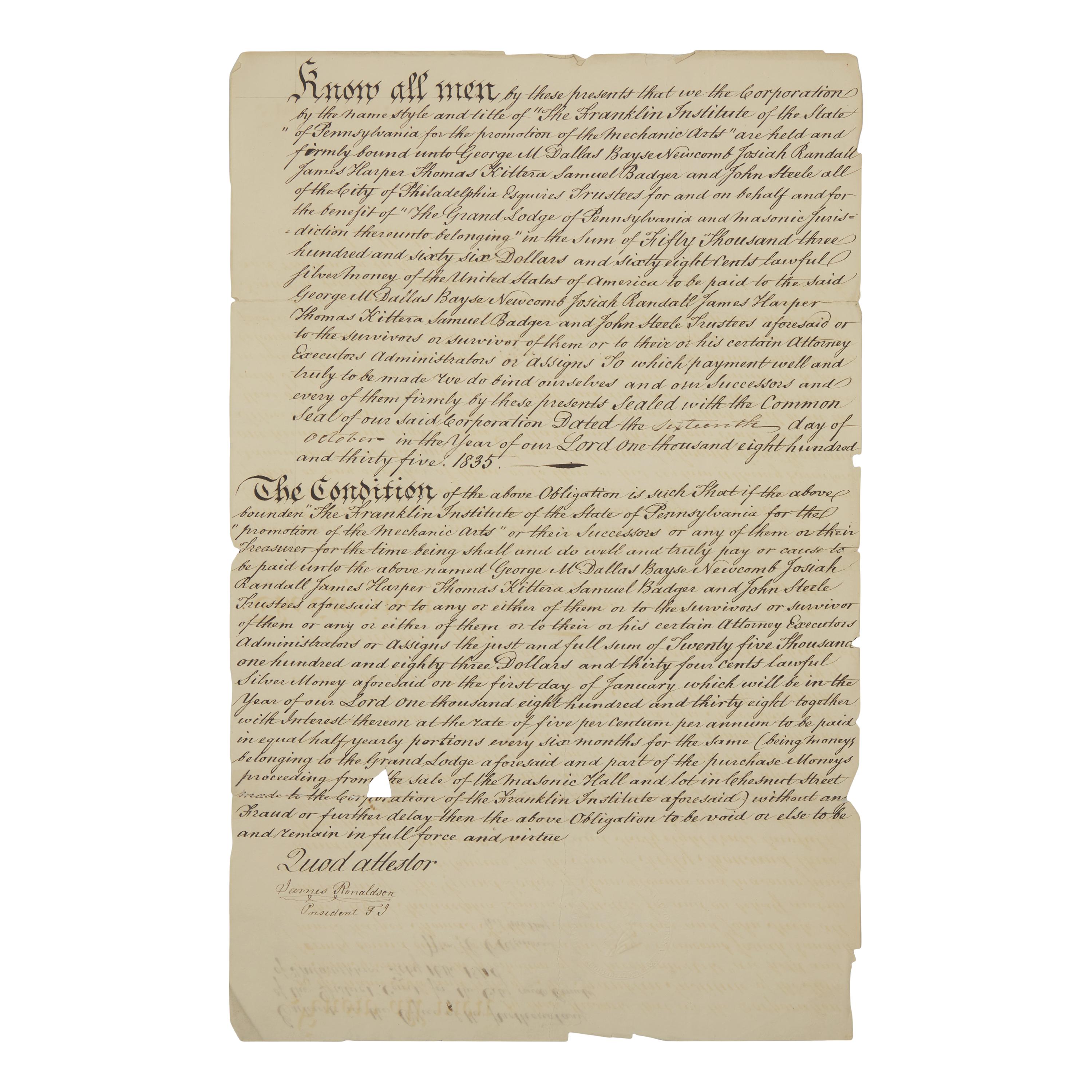 [Philadelphia] [The Franklin Institute] Manuscript document