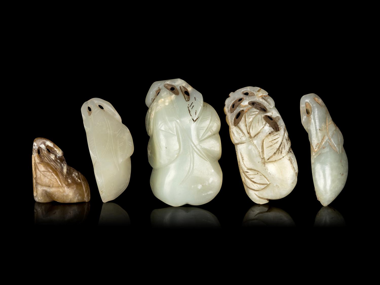 Five Chinese Celadon Jade Carved Figures of Fruits