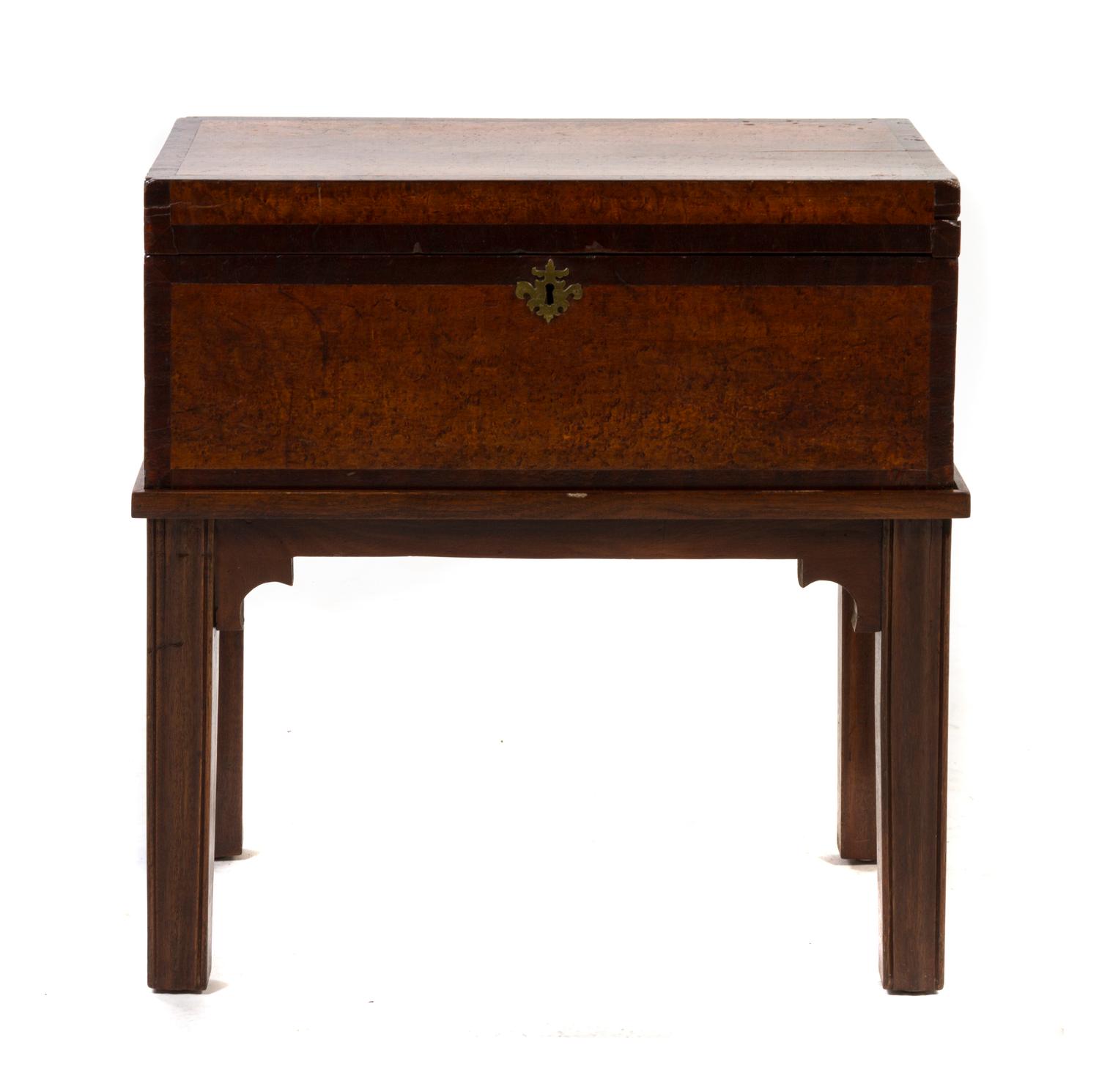 A Federal Style Birdseye Maple and Mahogany Box on Stand, Height overall 20 1/4 x width 21 1/2 x depth 11 1/2 inches.