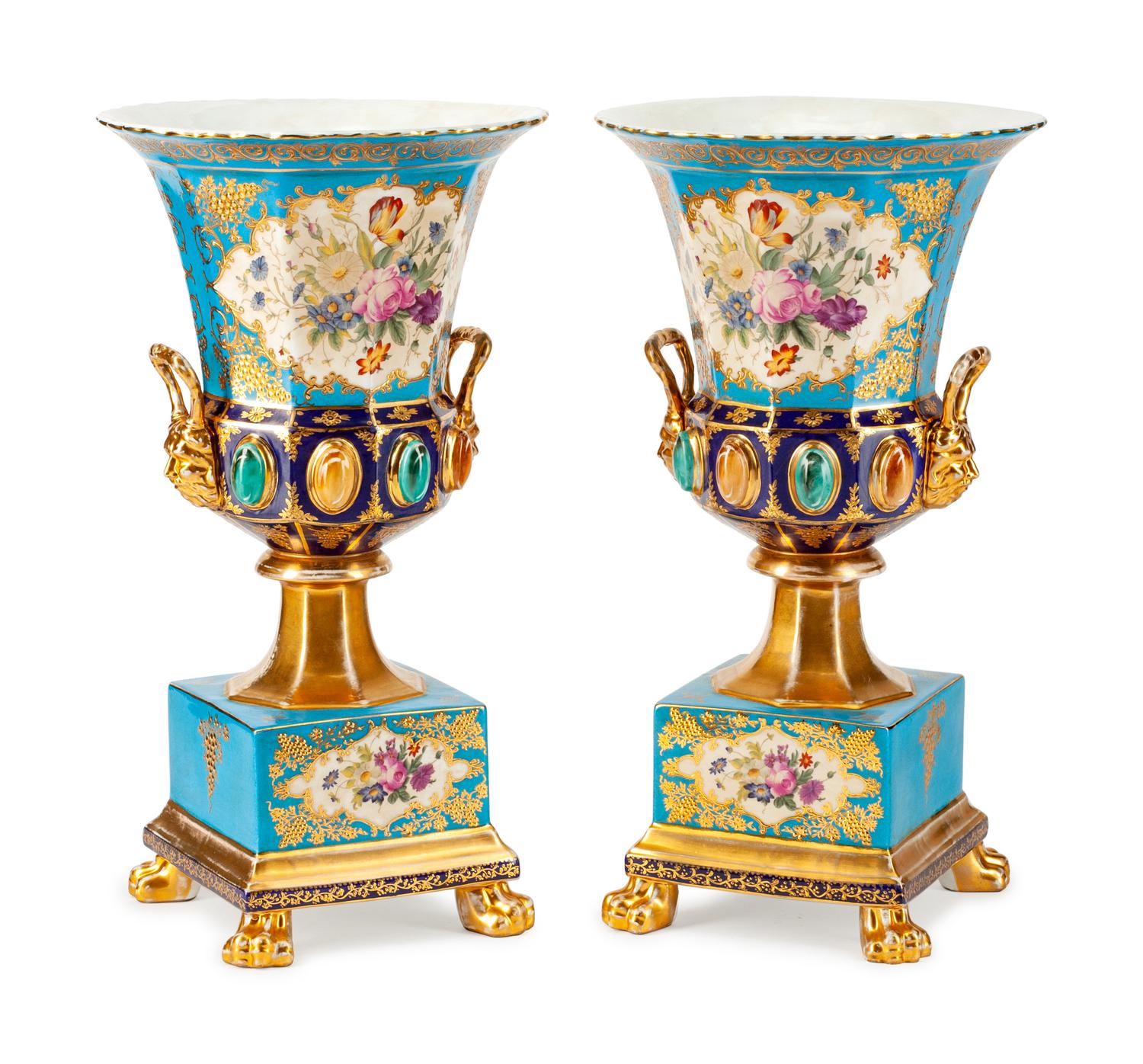 A Pair of Sevres Style Porcelain Campana- Form Two-Handled Urns