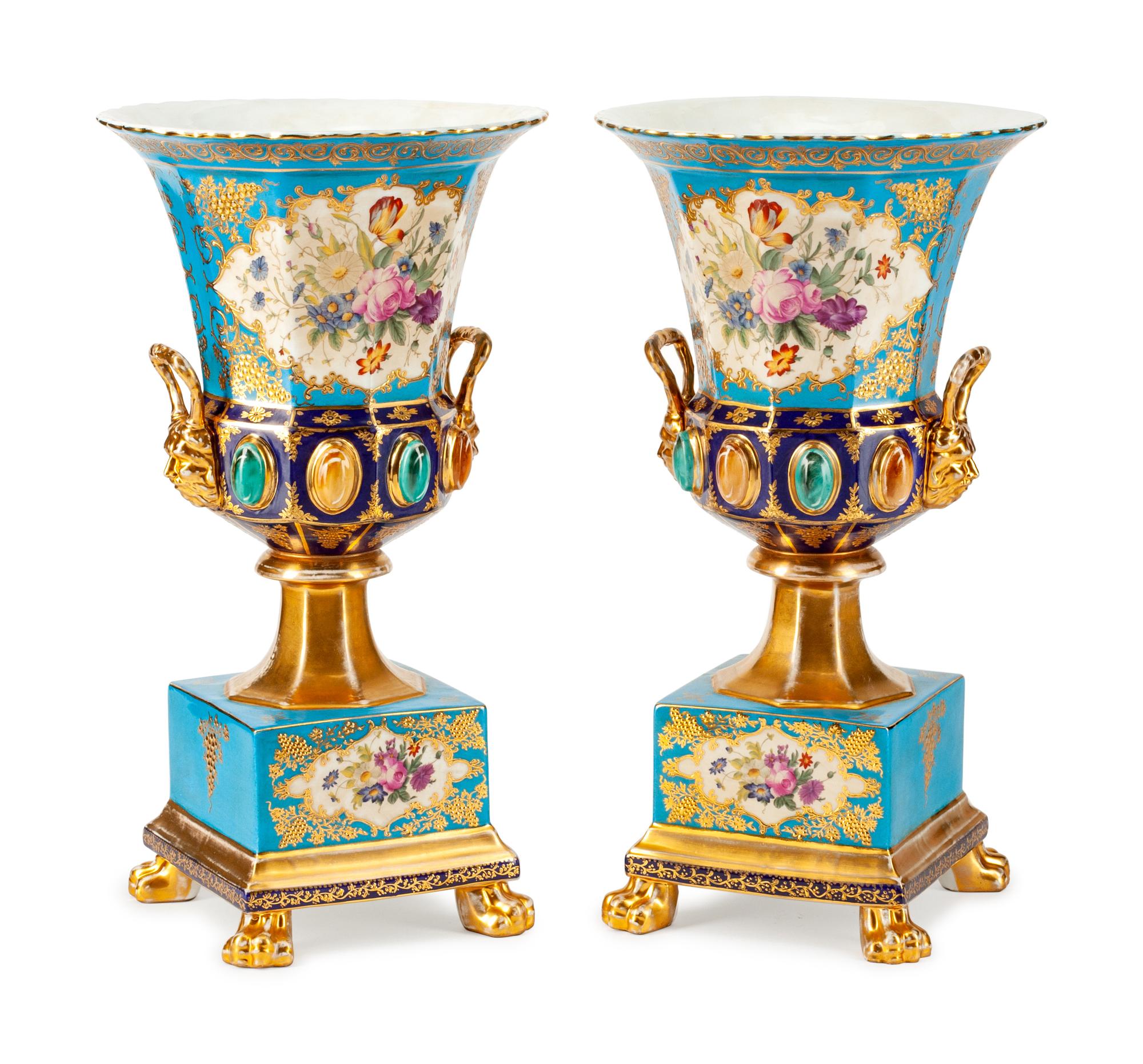 A Pair of Sevres Style Porcelain Campana- Form Two-Handled Urns