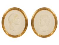A Pair of Roman Style Composition Relief Plaques in Giltwood Frames