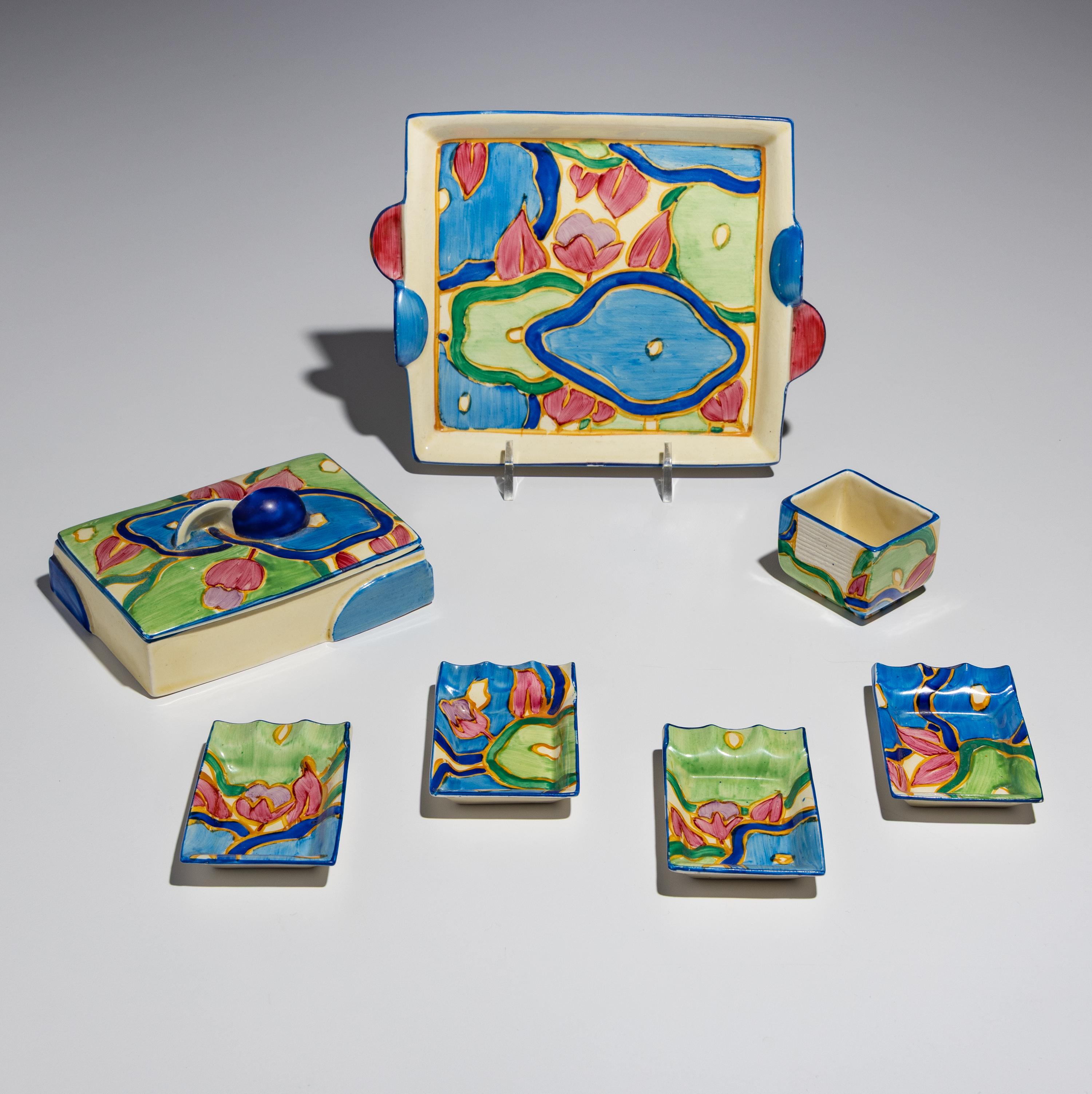 Clarice Cliff (English, 1899–1972) — Blue Chintz pattern 7 piece Tea Tray