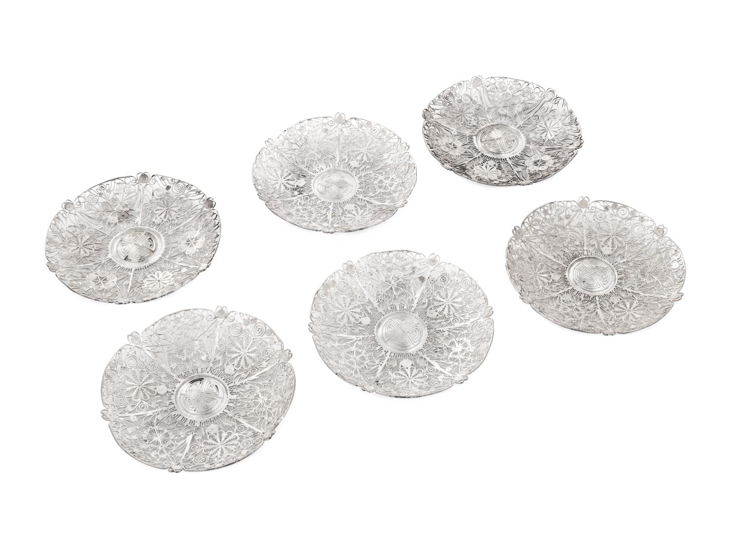 A Set of Six Chinese Export Silver Filigree Plates