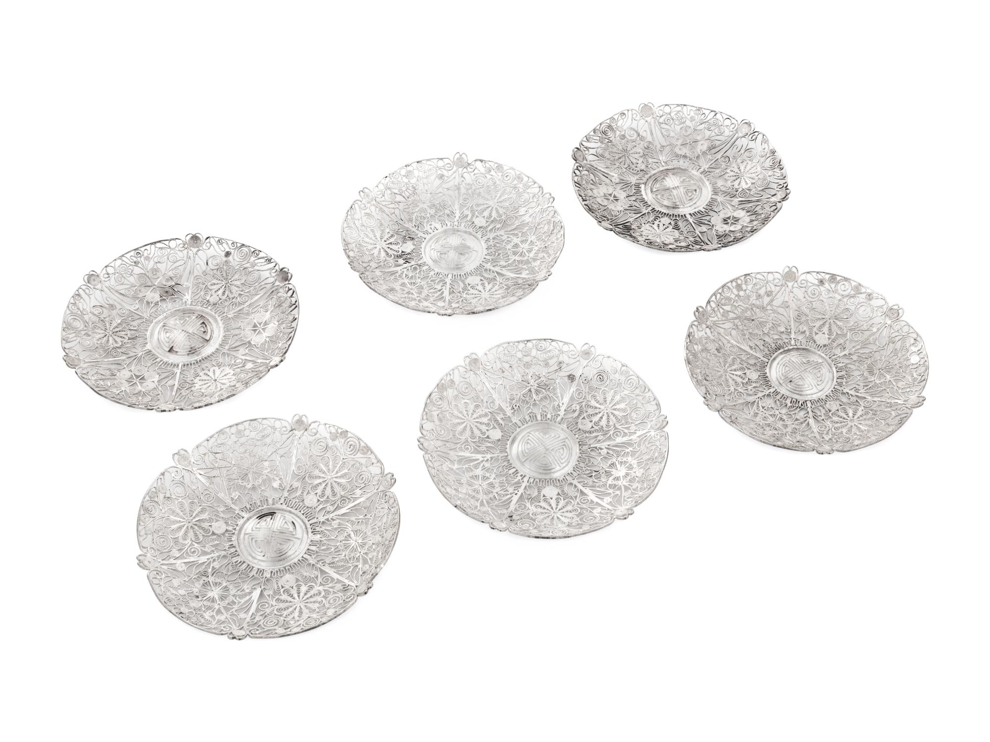 A Set of Six Chinese Export Silver Filigree Plates
