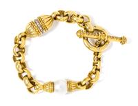 A Yellow Gold, Cultured Pearl and Diamond Bracelet, 35.80 dwts.