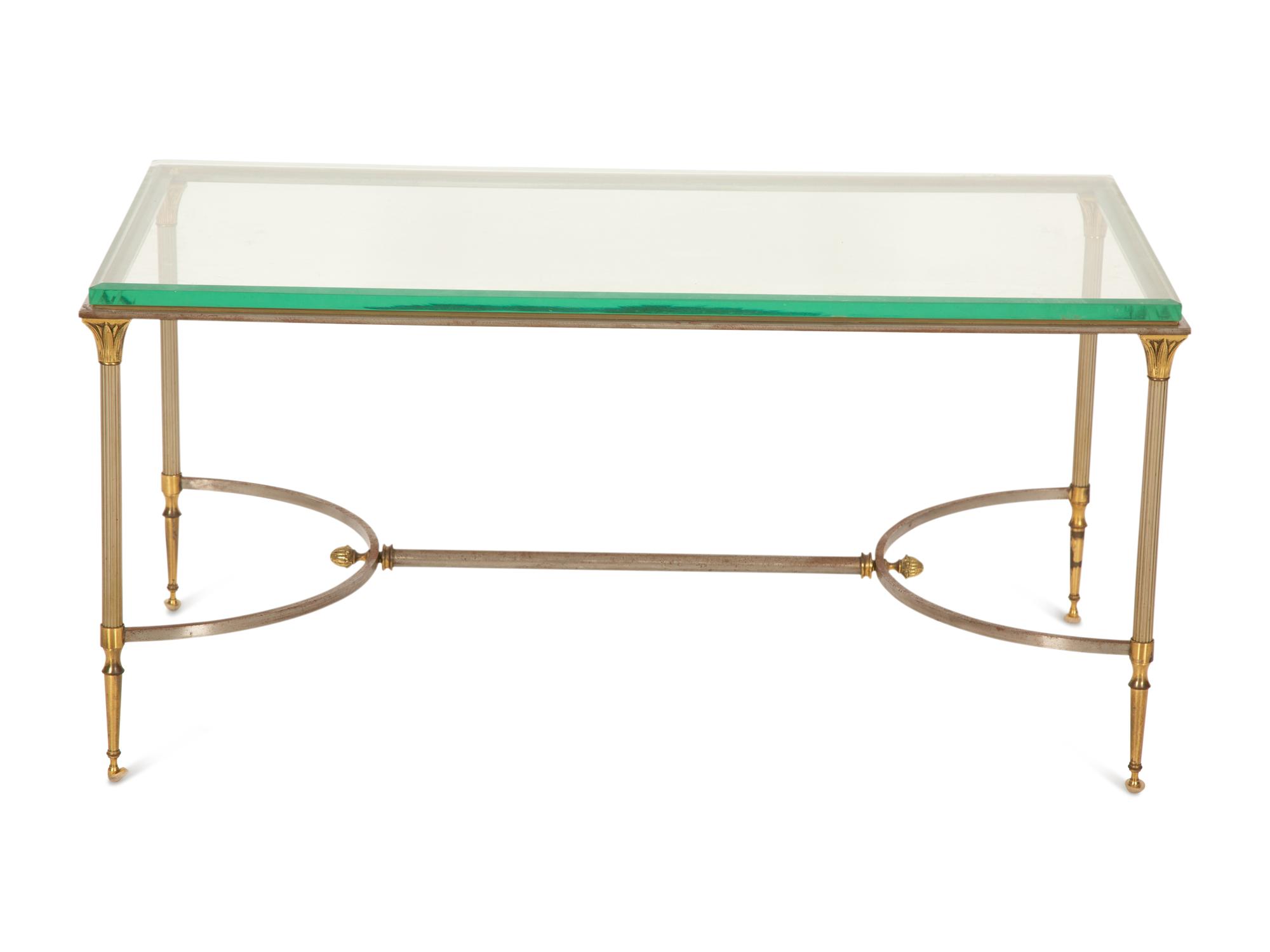 A Neoclassical Style Steel and Brass Glass Top Coffee Table in the Manner of Maison Jansen