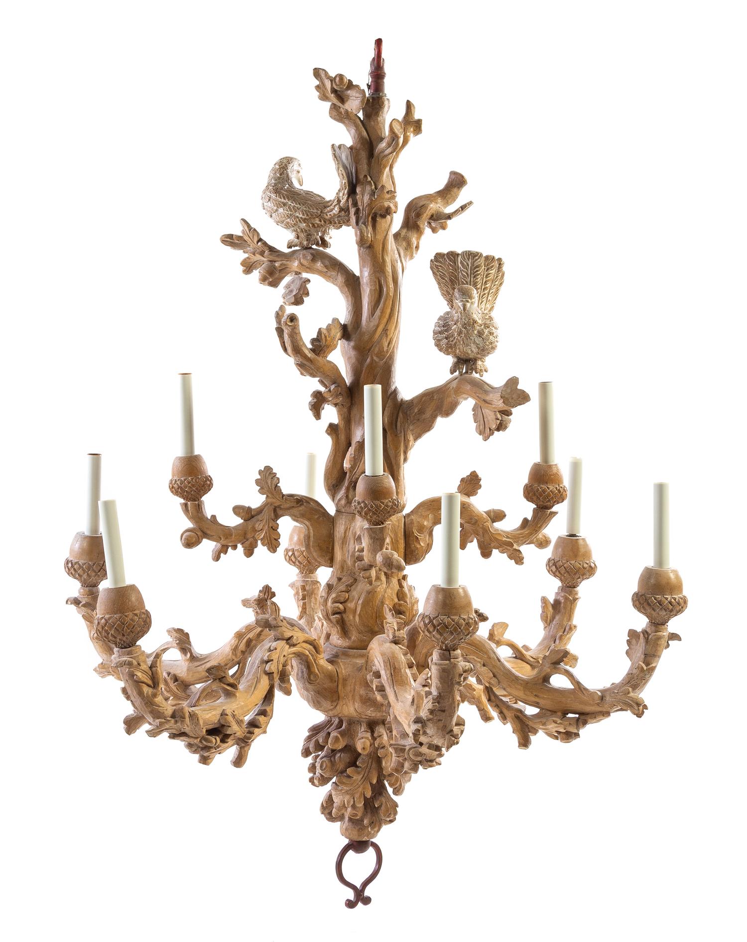 A Whimsical Carved Wood Chandelier Height 47 inches. — PROBABLY ITALIAN, MID-20TH CENTURY