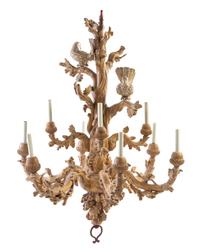 A Whimsical Carved Wood Chandelier Height 47 inches. — PROBABLY ITALIAN, MID-20TH CENTURY