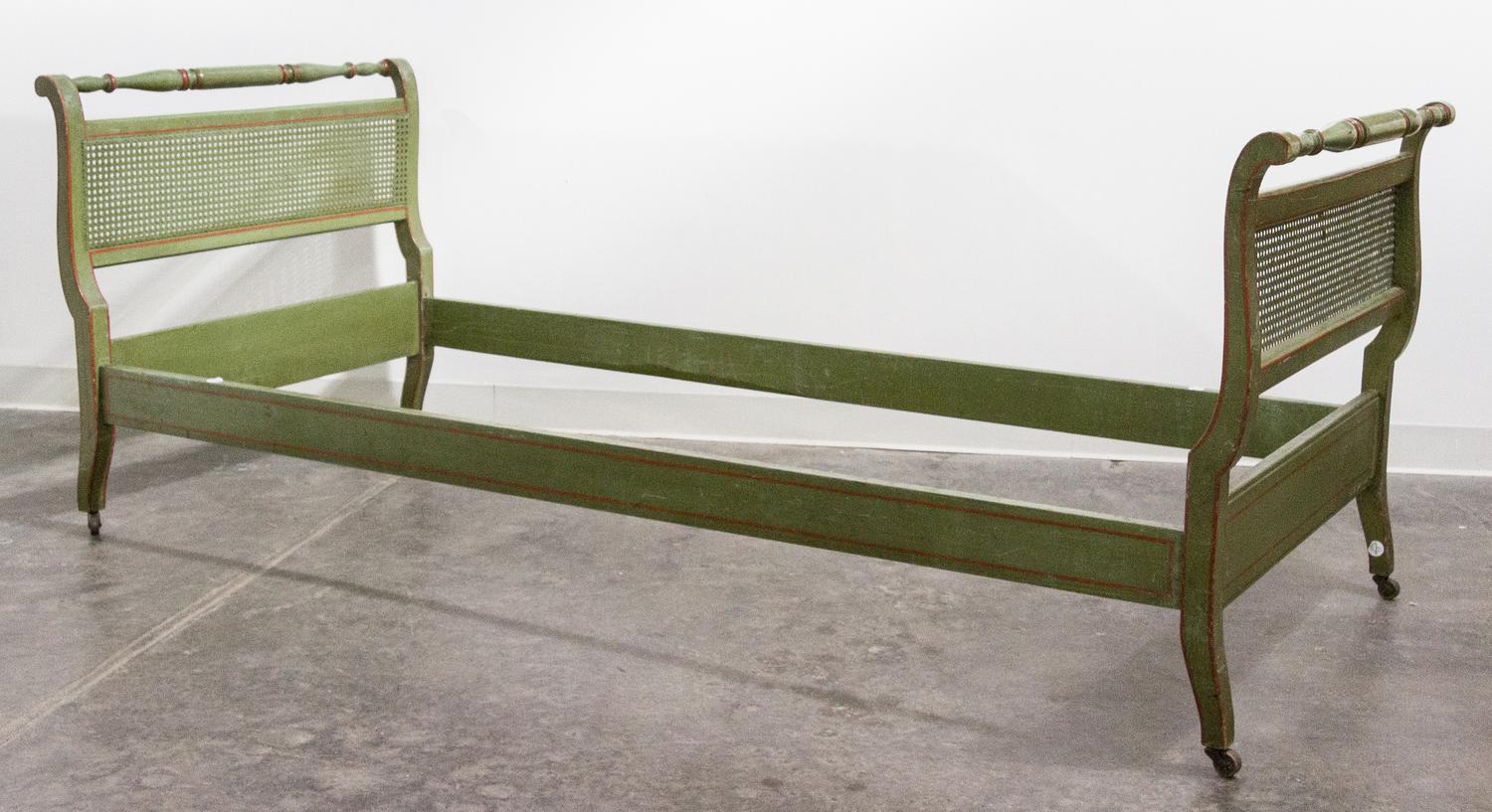 A Green Painted Bed Frame Height of headboard 31 inches.