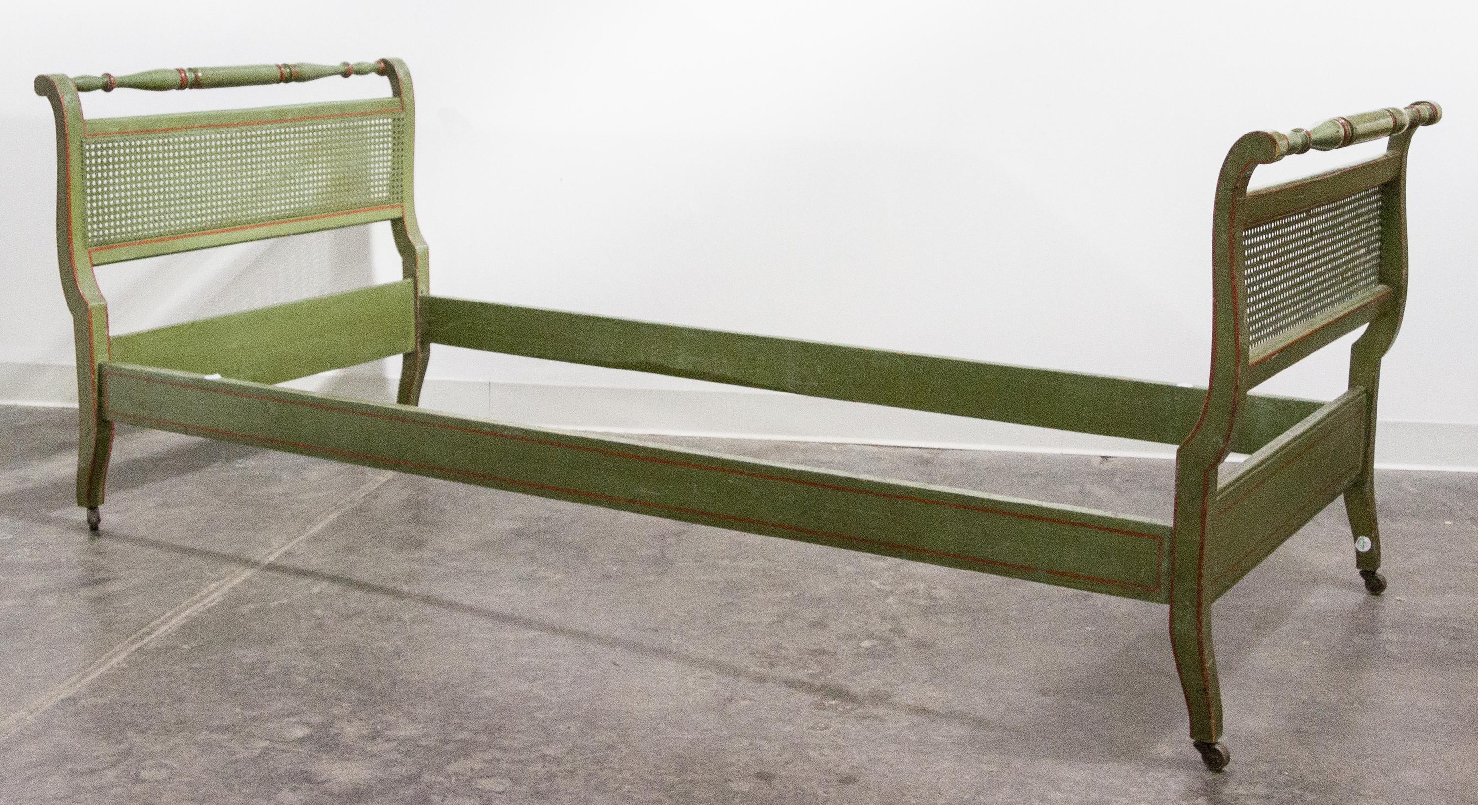 A Green Painted Bed Frame Height of headboard 31 inches.