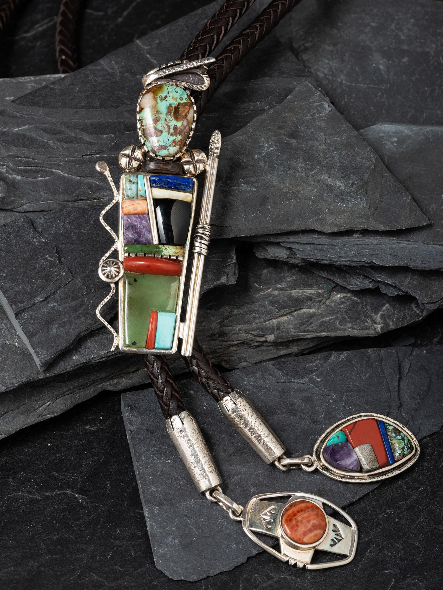 Sterling Silver and Cobblestone Inlay Figural Bolo Tie