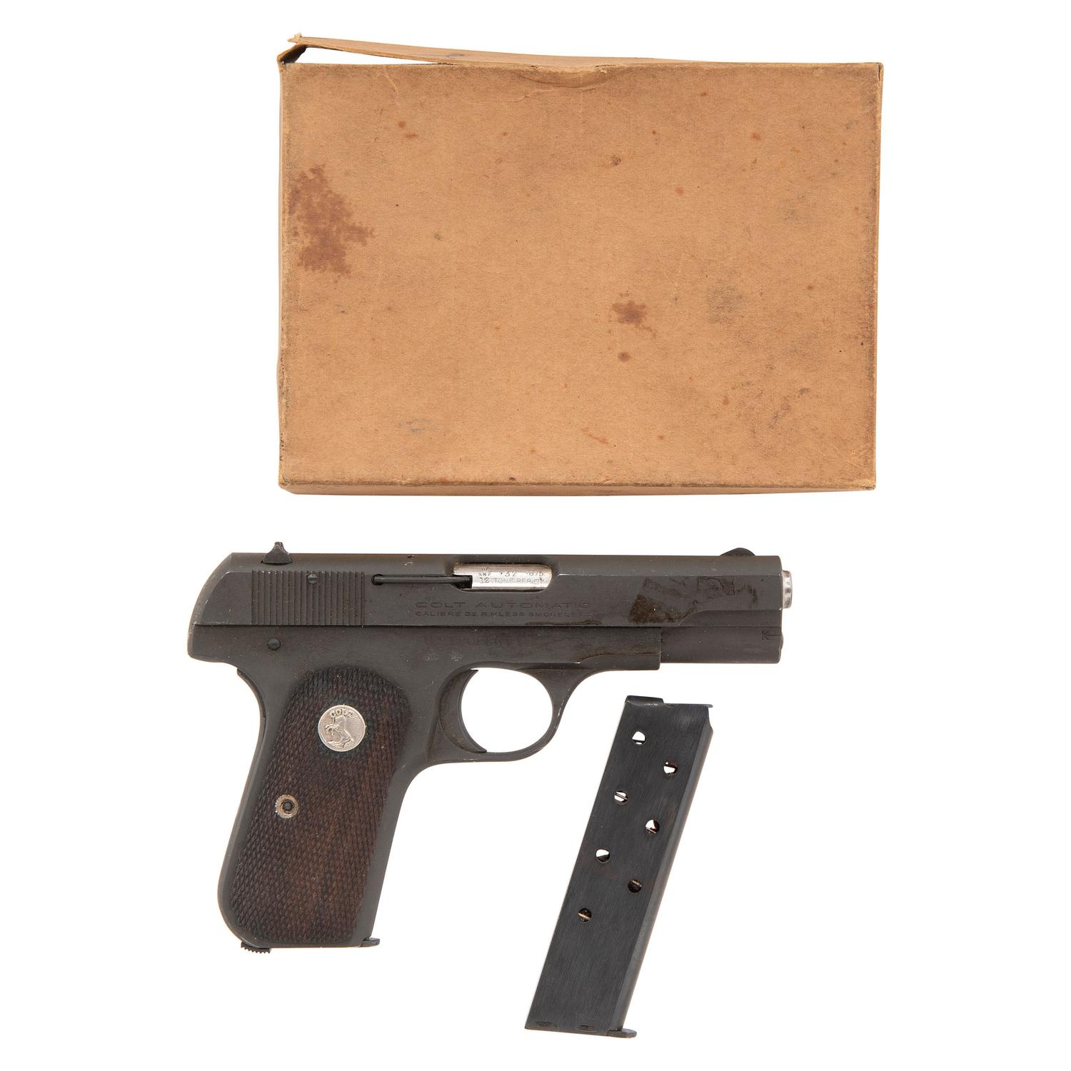 **British Proofed Lend Lease U.S. Military Colt Model 1903 Pocket Hammerless Pistol in Original Kraft Box with Two Magazines and Cleaning Rod
