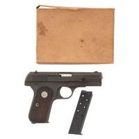 **British Proofed Lend Lease U.S. Military Colt Model 1903 Pocket Hammerless Pistol in Original Kraft Box with Two Magazines and Cleaning Rod