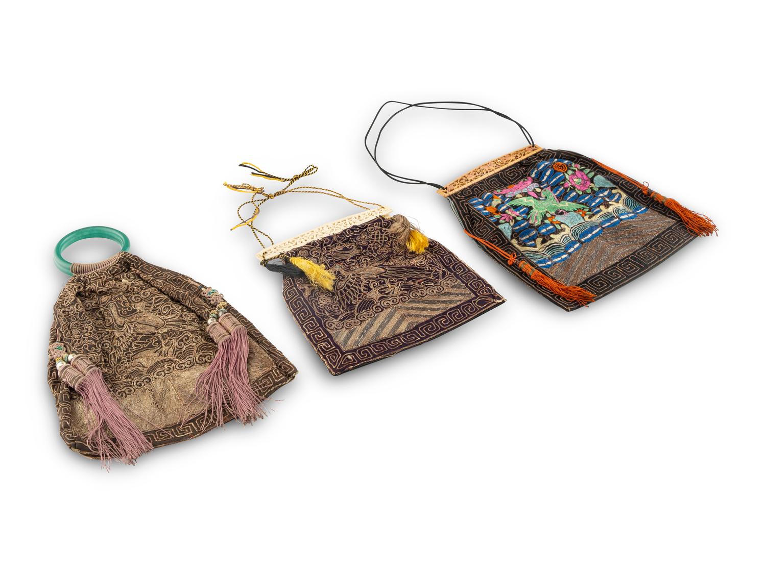 Three Chinese Embroidered Silk Purses