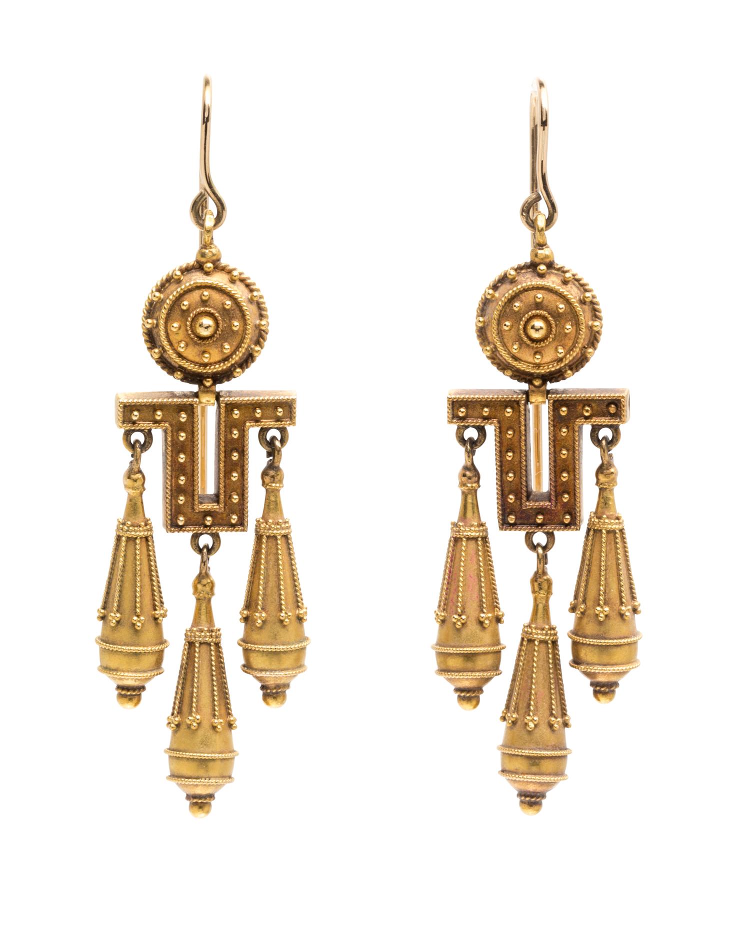 A Pair of Etruscan Revival 18 Karat Yellow Gold Earrings, French, 4.80 dwts.