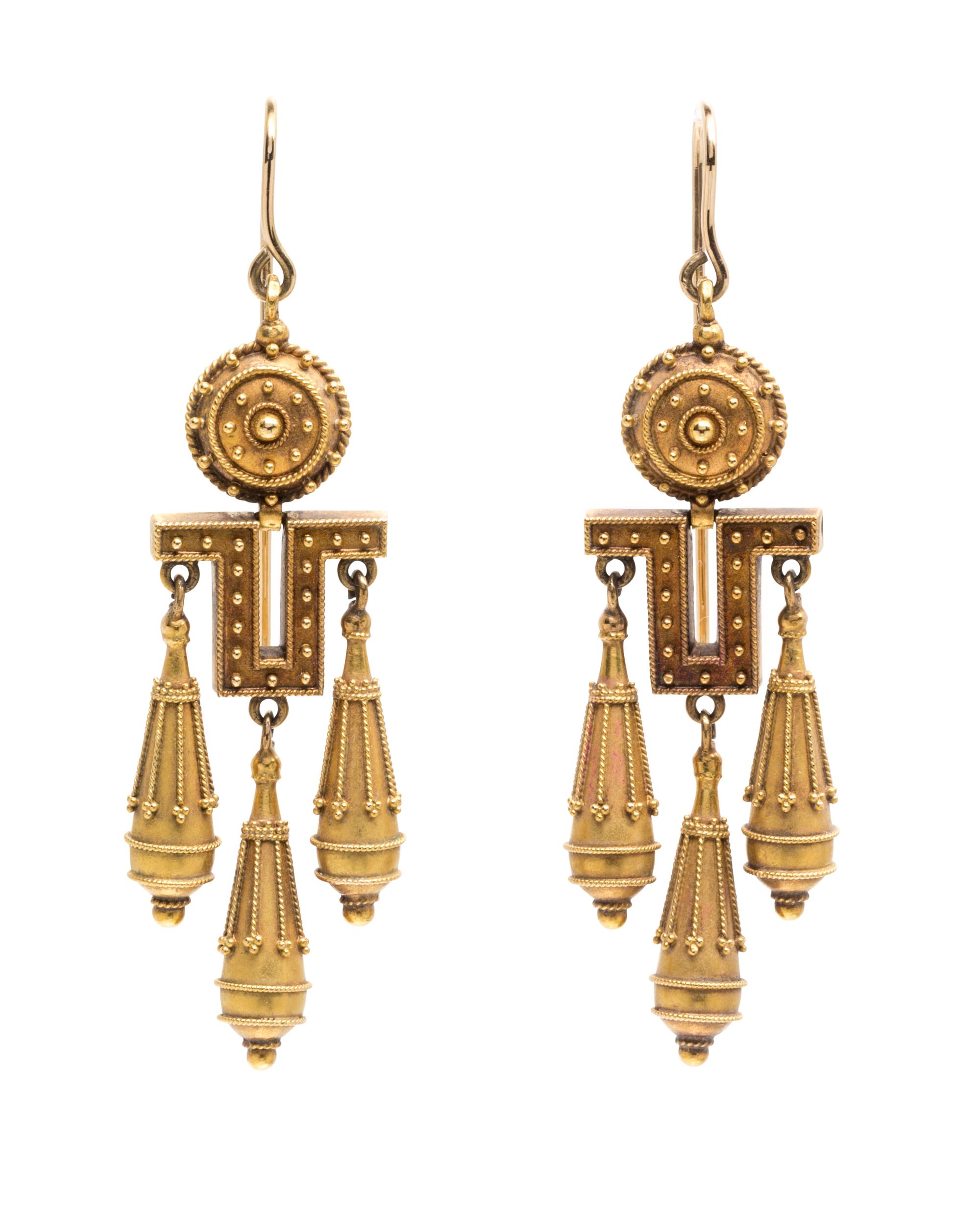 A Pair of Etruscan Revival 18 Karat Yellow Gold Earrings, French, 4.80 dwts.
