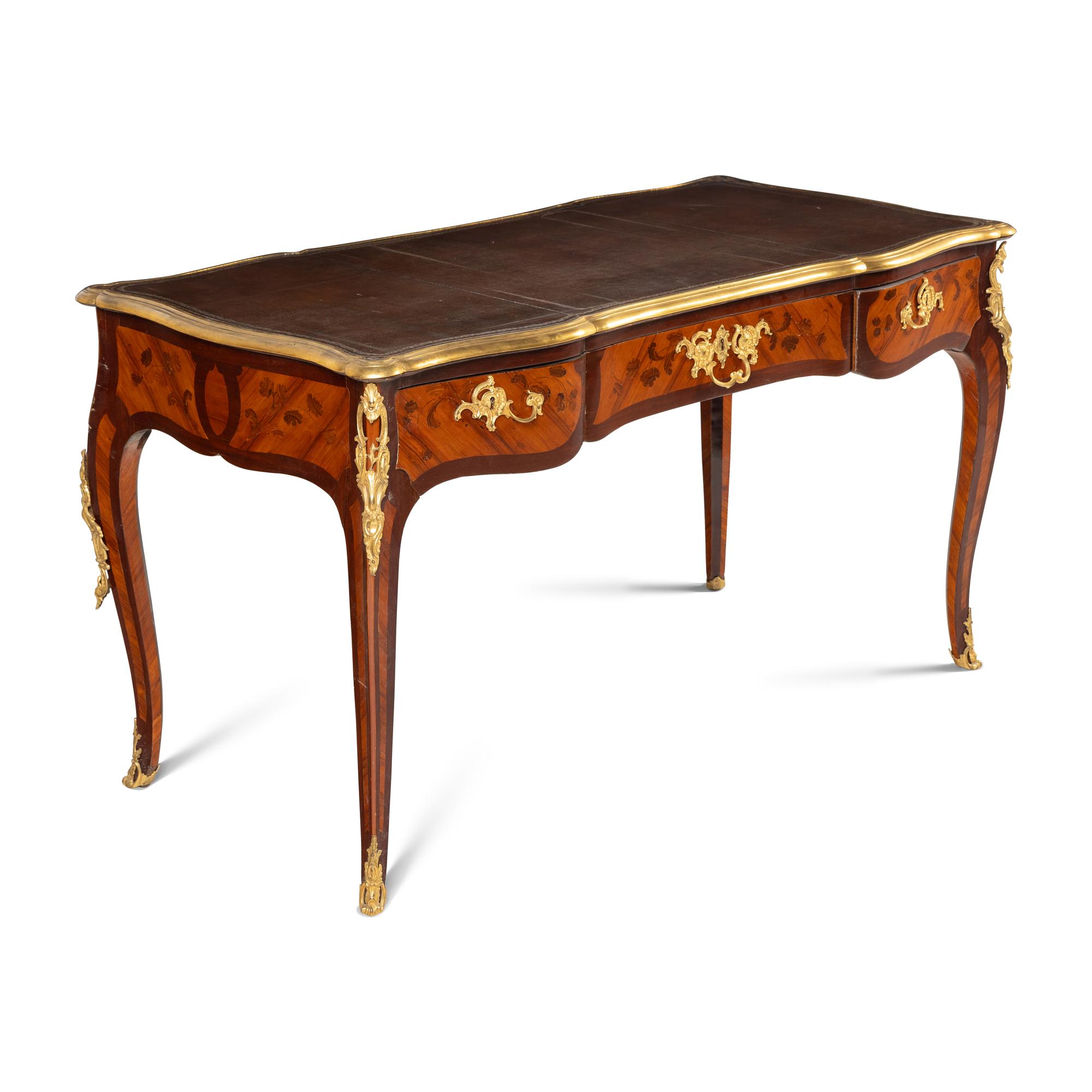 A Louis XV Gilt Bronze Mounted Tulipwood, Amaranth and Bois De Bout Marquetry Bureau Plat