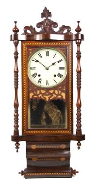 An Anglo-American Various Woods Scroll Clock, Height overall 37 inches.
