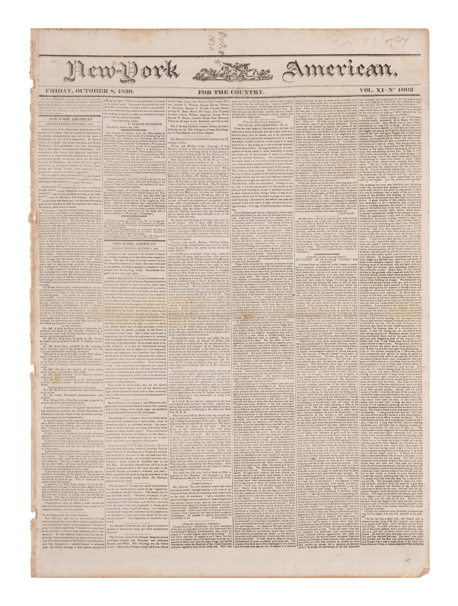 [NEWSPAPERS - TEXAS NEWS]. Collection of about 175 issues of various American newspapers featuring articles on Texas, printed between 1803 and 1860.