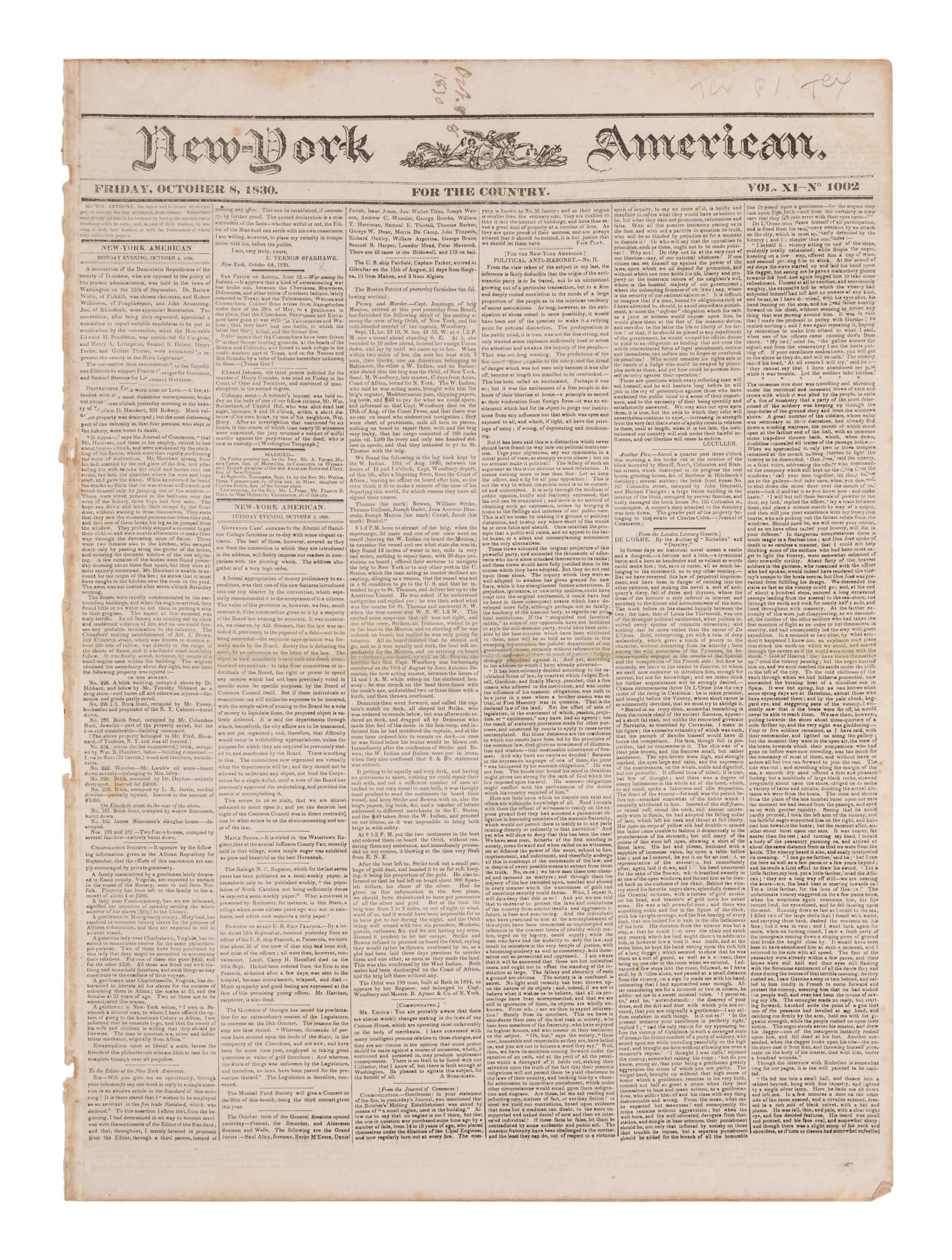 [NEWSPAPERS - TEXAS NEWS]. Collection of about 175 issues of various American newspapers featuring articles on Texas, printed between 1803 and 1860.