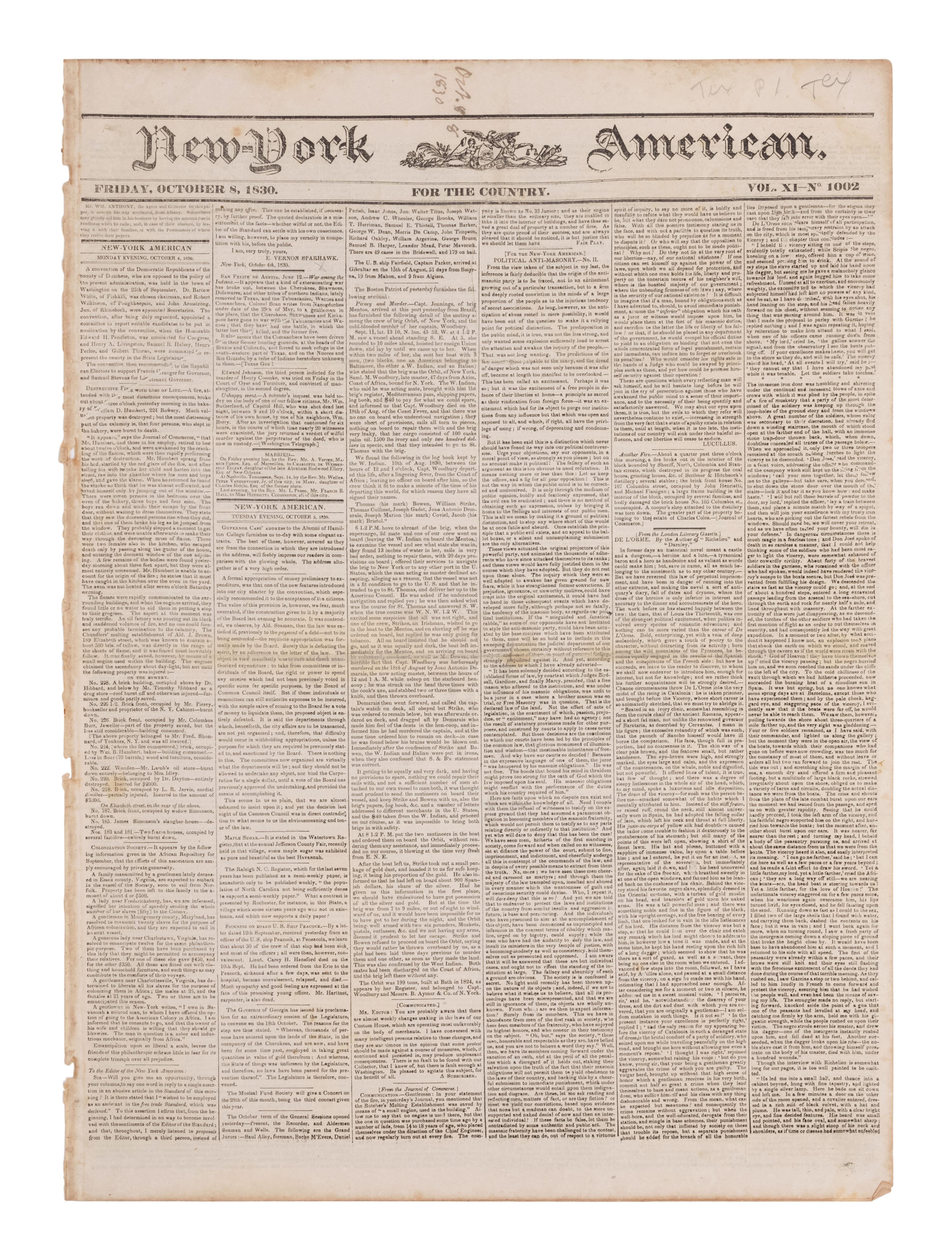 [NEWSPAPERS - TEXAS NEWS]. Collection of about 175 issues of various American newspapers featuring articles on Texas, printed between 1803 and 1860.