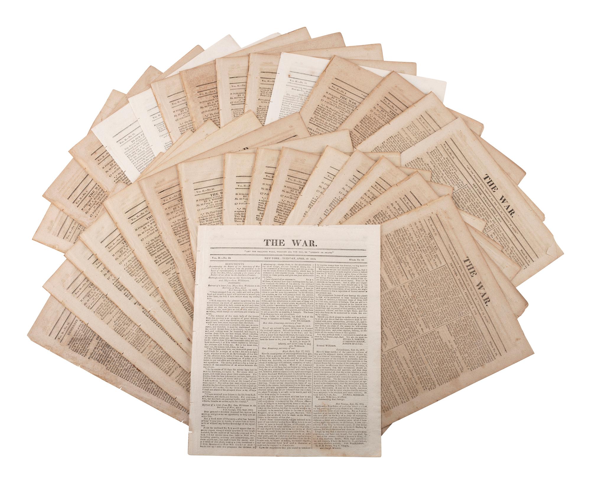 [WAR OF 1812 - NEWSPAPERS]. Over 130 newspapers reporting on the War of 1812, including:
