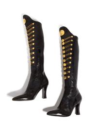 A Pair of Gianni Versace Black Leather Chain Boots, Size 39.