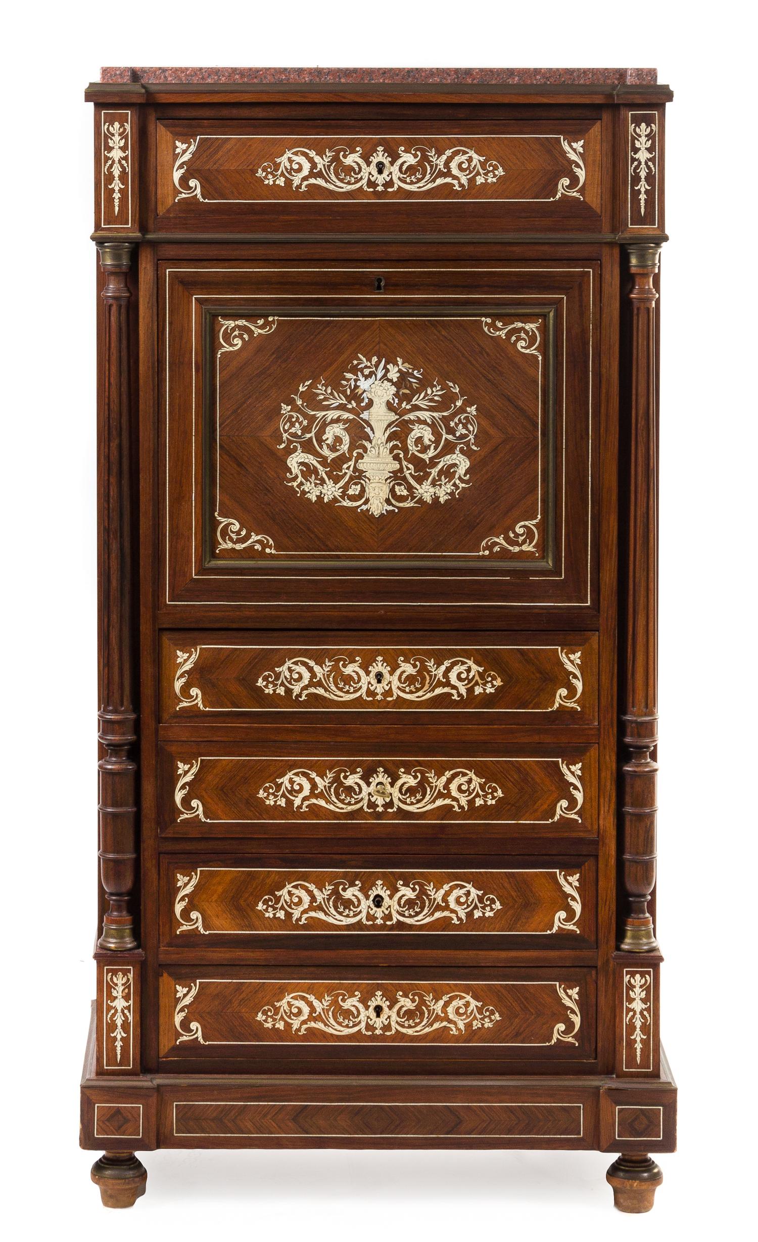 A Continental Marquetry Secretaire a Abattant Height 56 x width 28 x depth 14 3/4 inches. — 19TH CENTURY