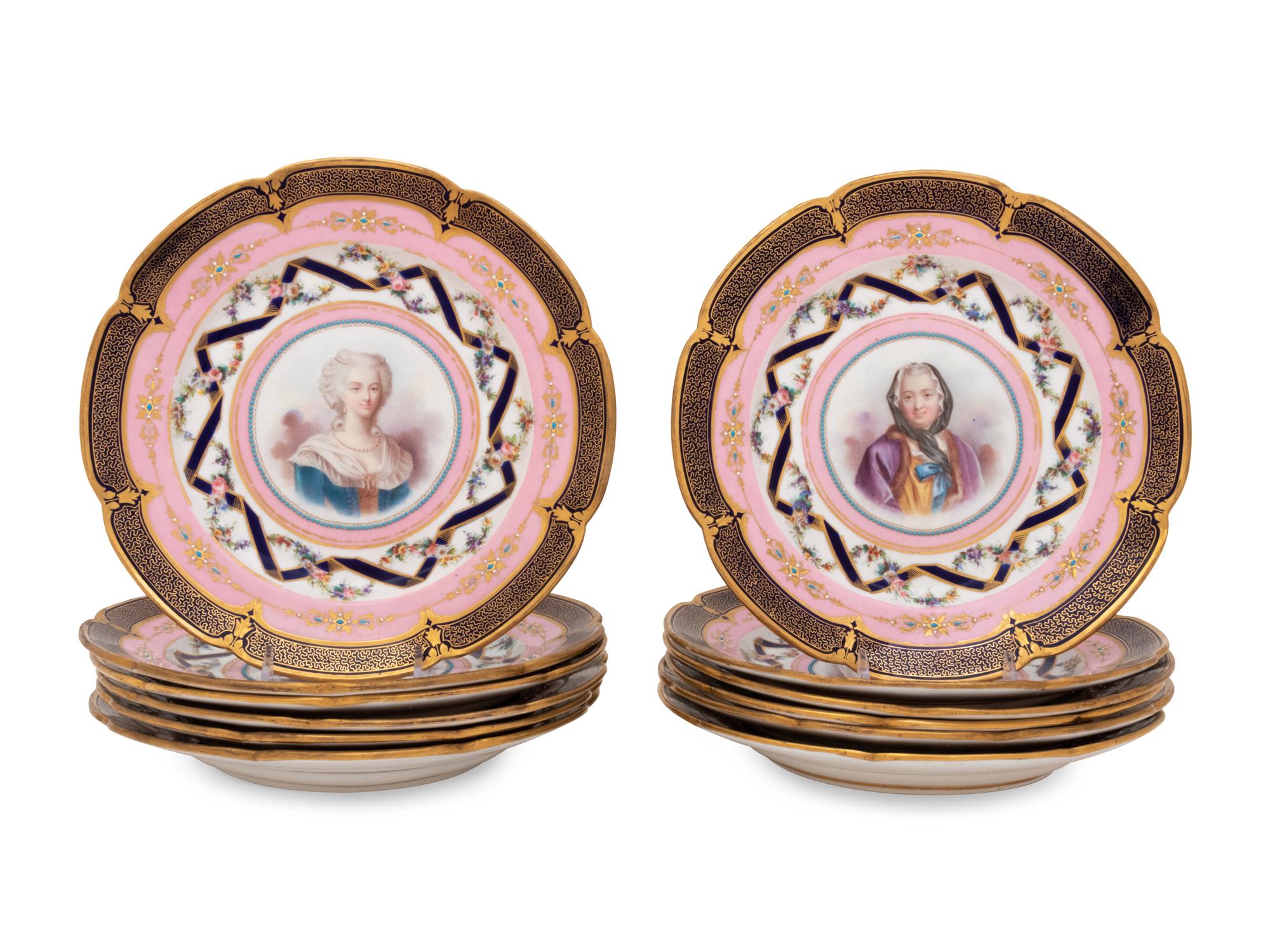 A Set of Twelve Sèvres Style Porcelain Plates Depicting Courtiers