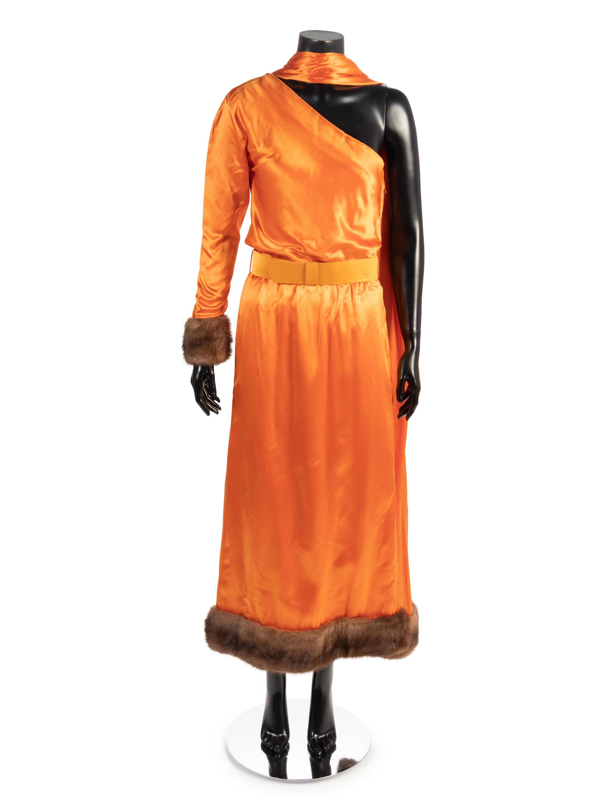 Nina Ricci Orange Satin Dress Trimmed with Sable, 1970-80s