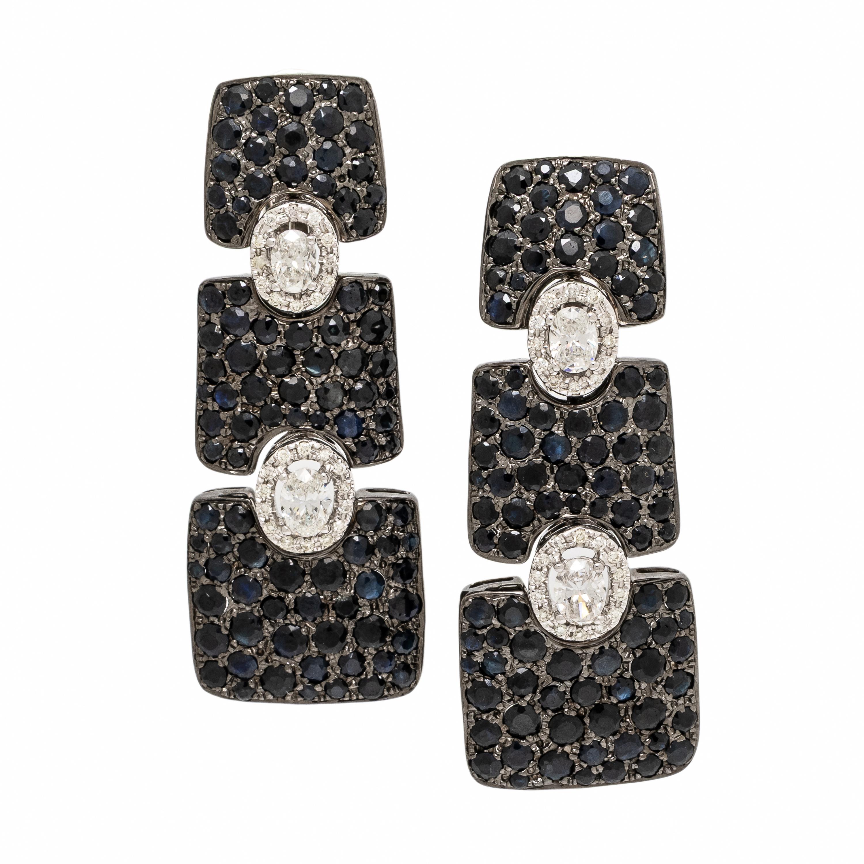 Sapphire, Diamond, and Blackened Gold Earrings