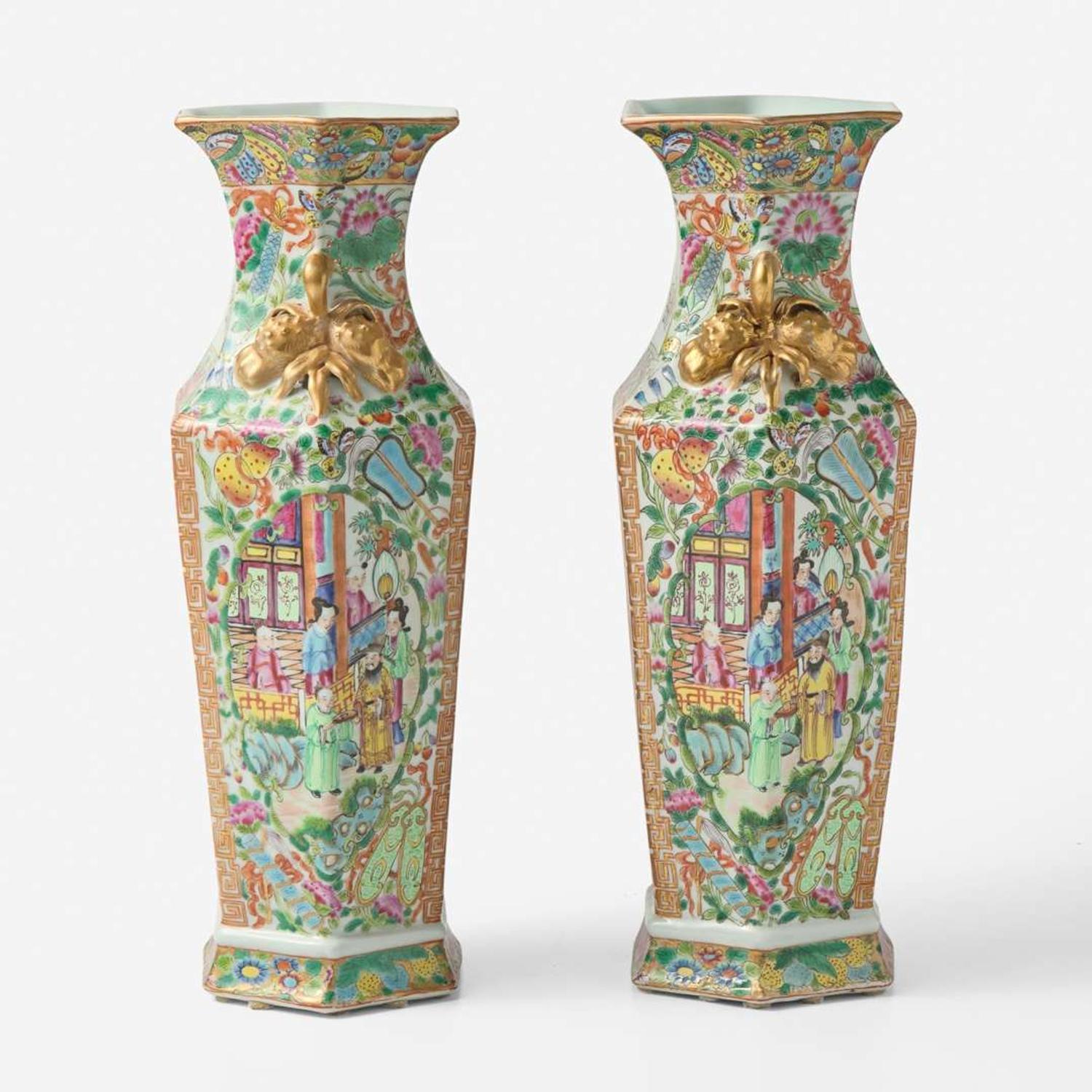 A pair of Chinese "Rose Medallion" hexagonal baluster vases 粉彩六方瓶一對