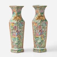 A pair of Chinese "Rose Medallion" hexagonal baluster vases 粉彩六方瓶一對