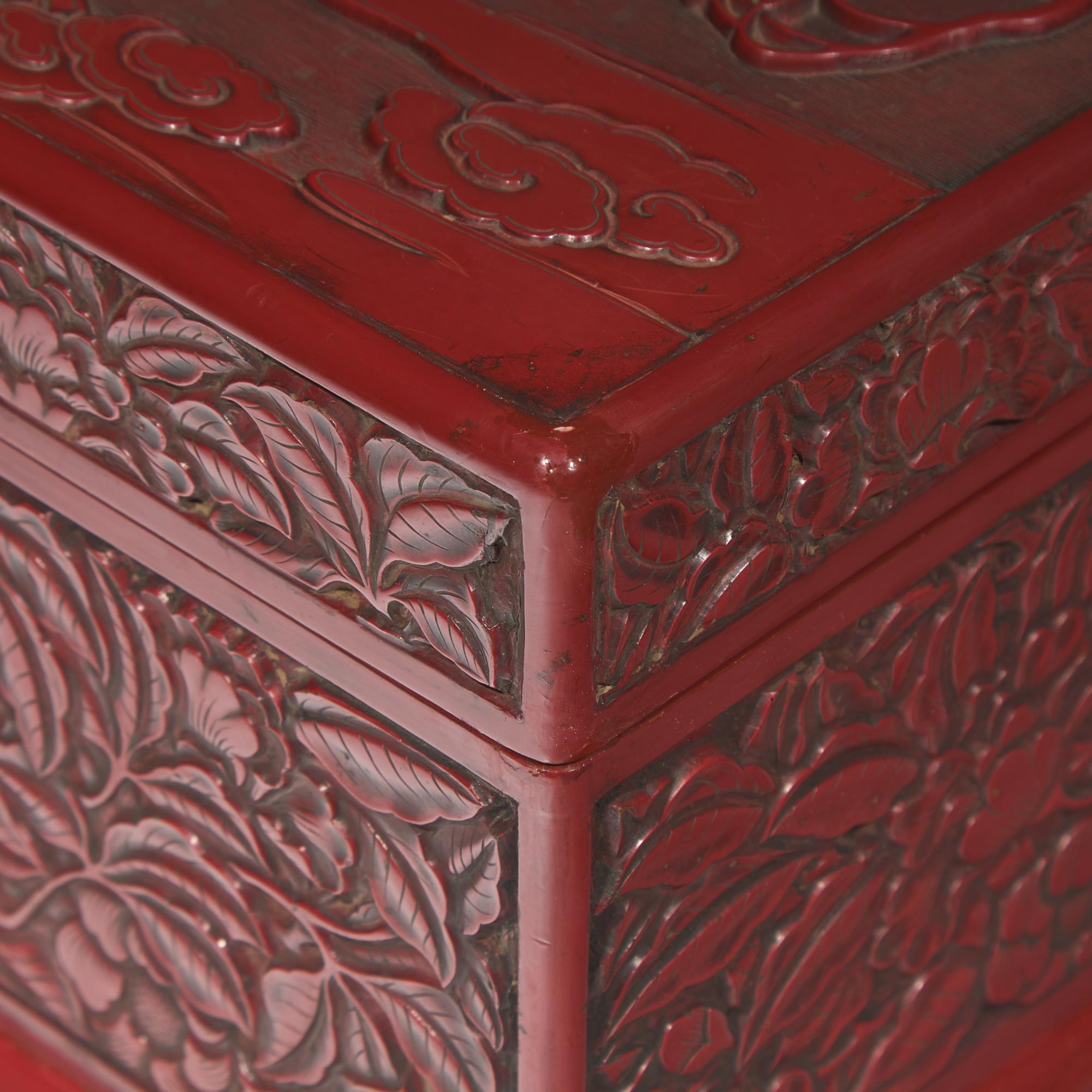 A Large Chinese Carved Cinnabar Lacquer Rectangular Box and Cover, 19th Century 清中期 剔紅攜琴訪友圖大方盒