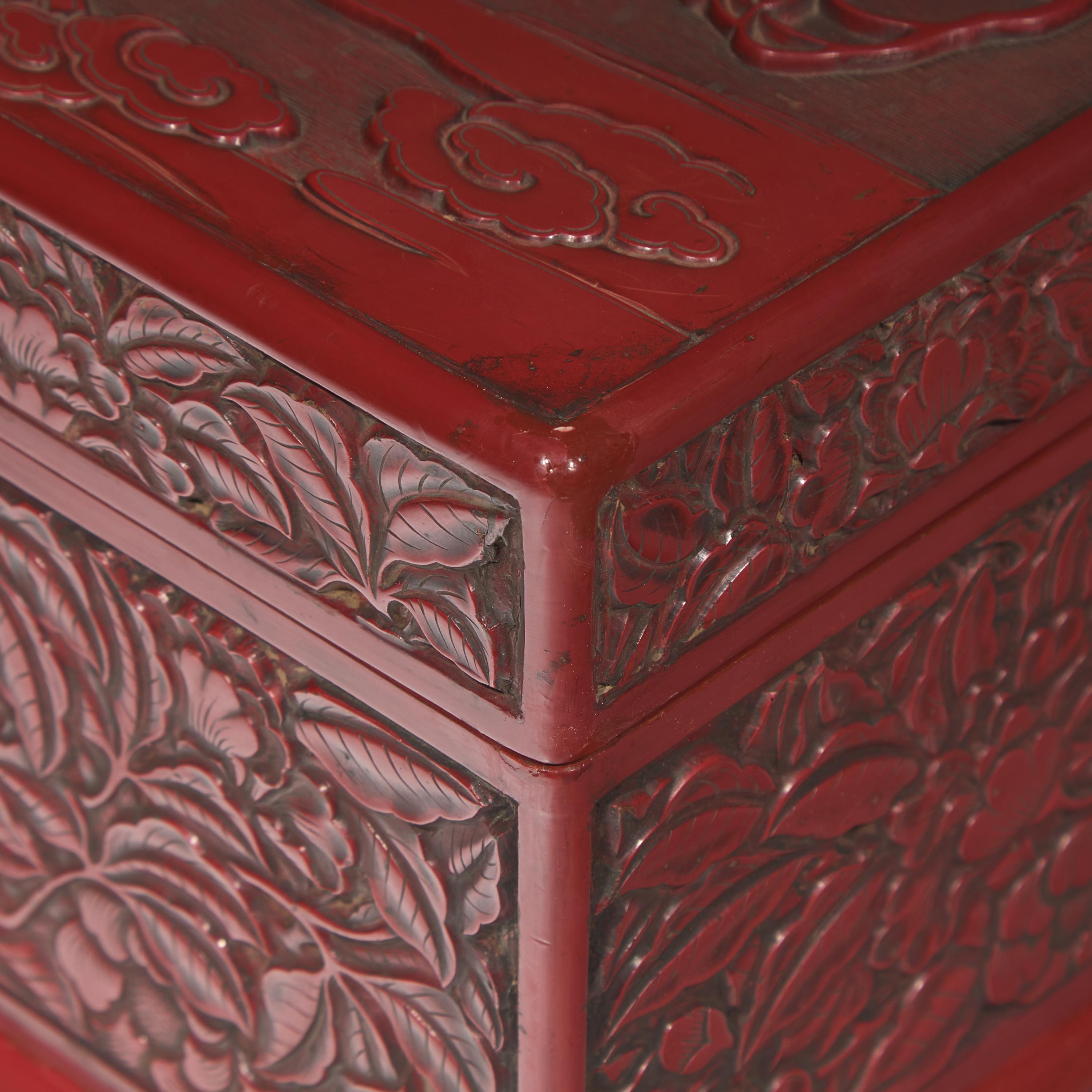 A Large Chinese Carved Cinnabar Lacquer Rectangular Box and Cover, 19th Century 清中期 剔紅攜琴訪友圖大方盒