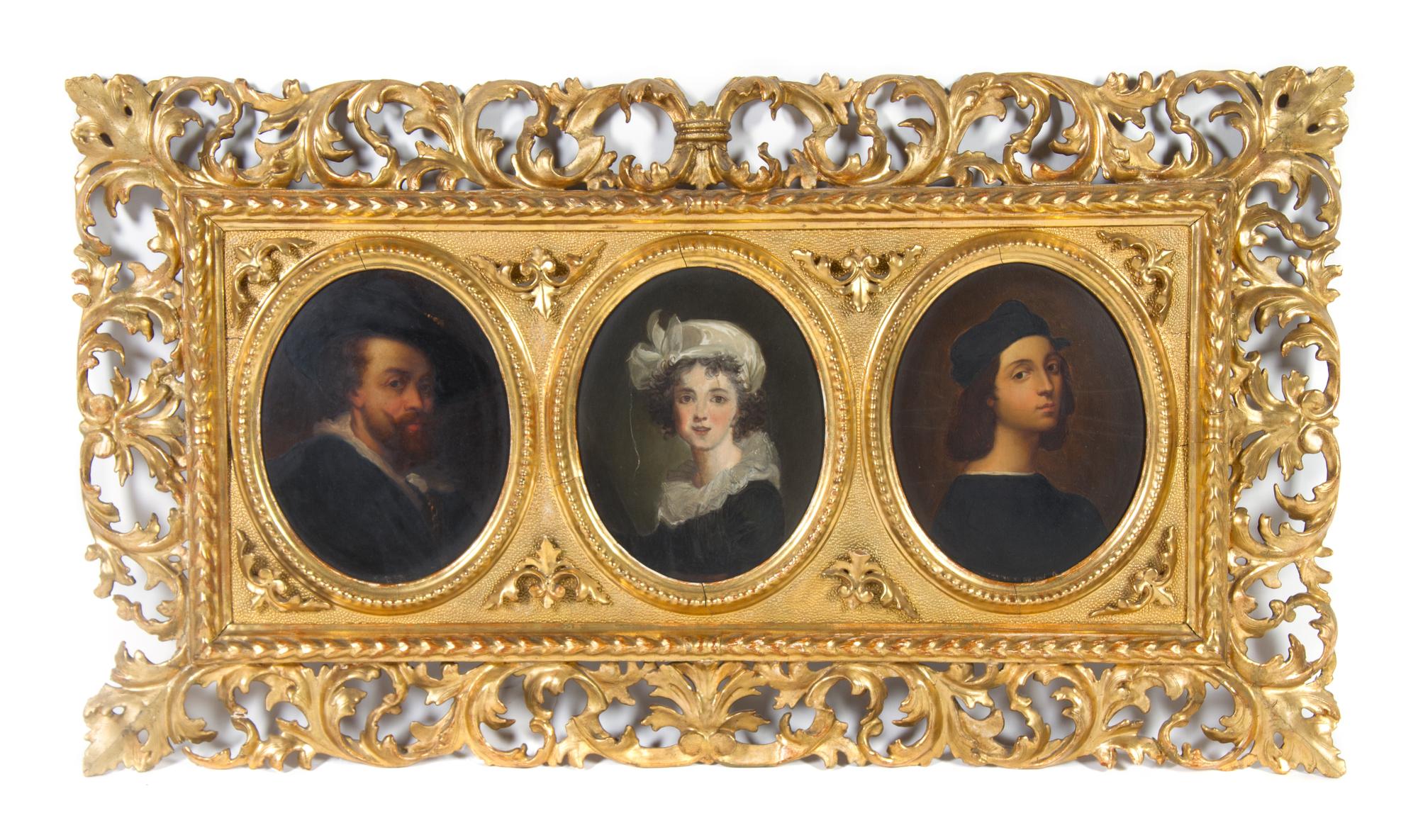 Three Portrait Medallions Height of frame 18 x width 32 1/2 inches.