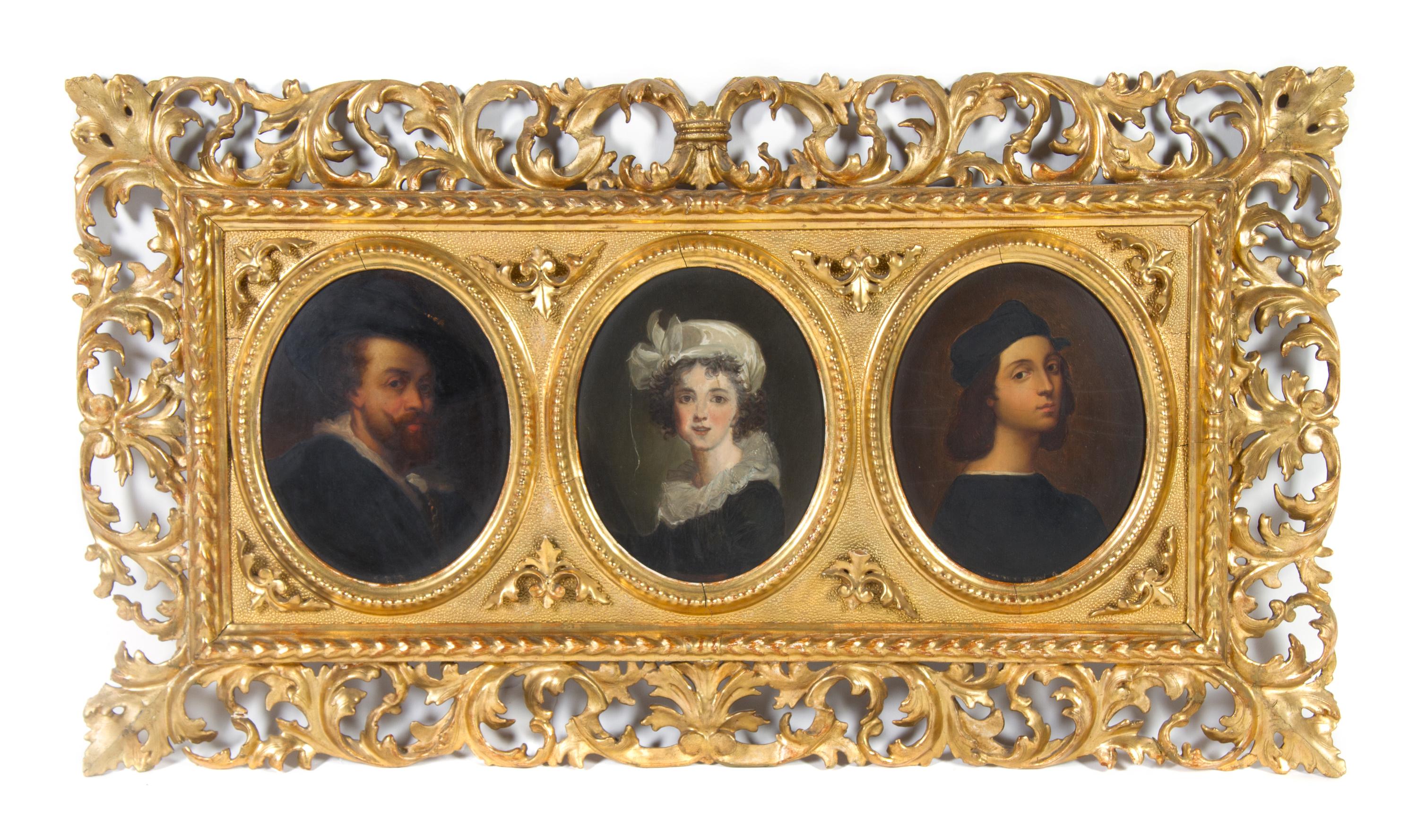 Three Portrait Medallions Height of frame 18 x width 32 1/2 inches.