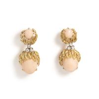CONVERTIBLE YELLOW GOLD, ANGEL SKIN CORAL AND DIAMOND EARCLIPS