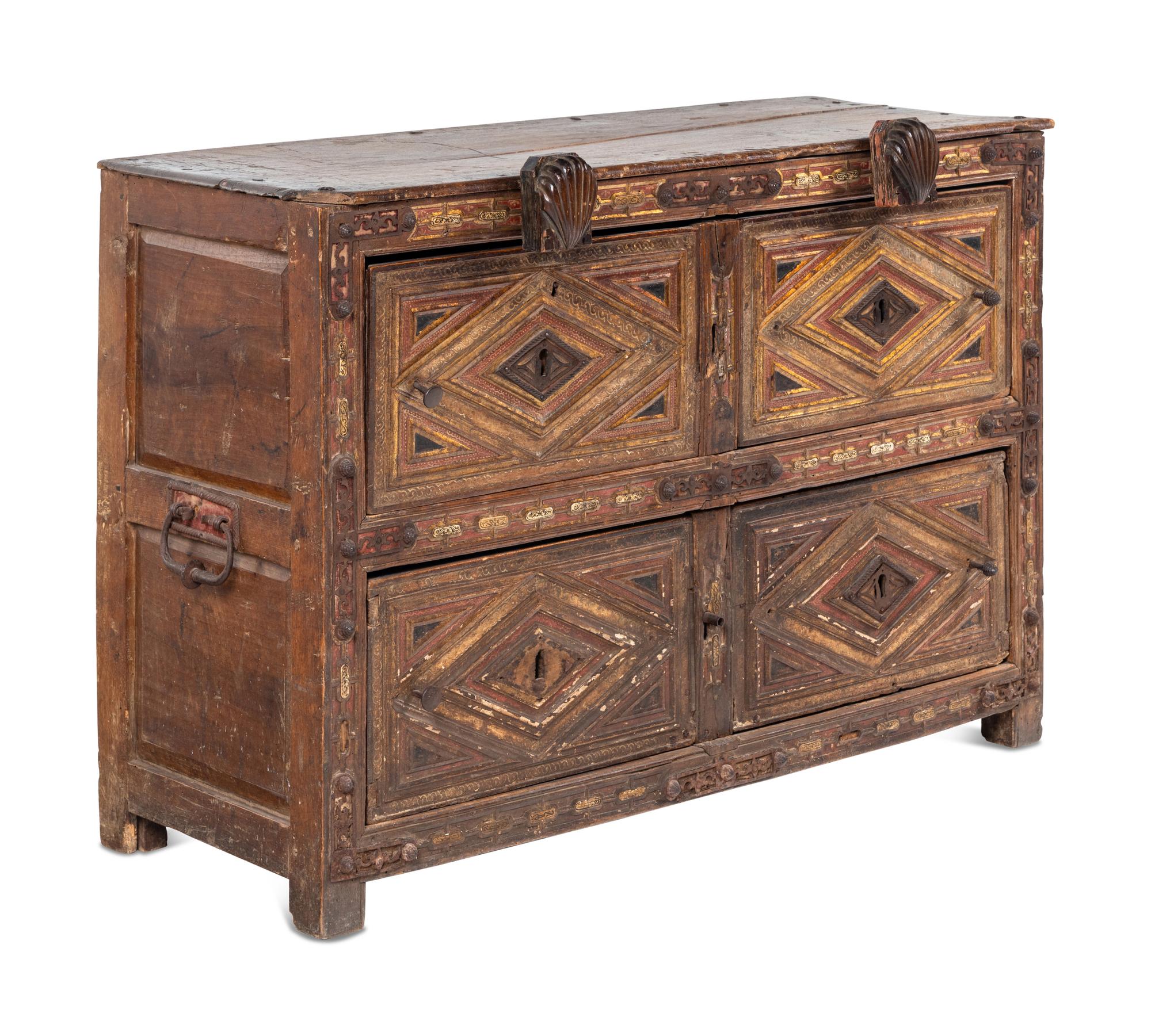 A Spanish Iron Mounted Red-Stained and Parcel-Gilt Walnut Vargueno Base