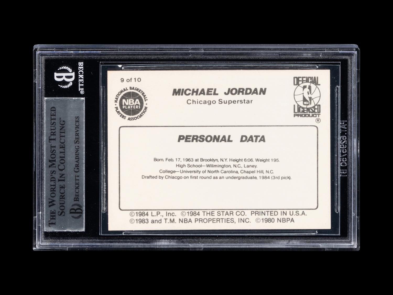 A 1986 Star Michael Jordan Set Break Basketball Card No. 9 Personal Data (BGS 9 MINT, Two 9.5 Subgrades)