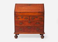 A William & Mary tiger maple and burl walnut veneered slant-front desk, New England, circa 1730