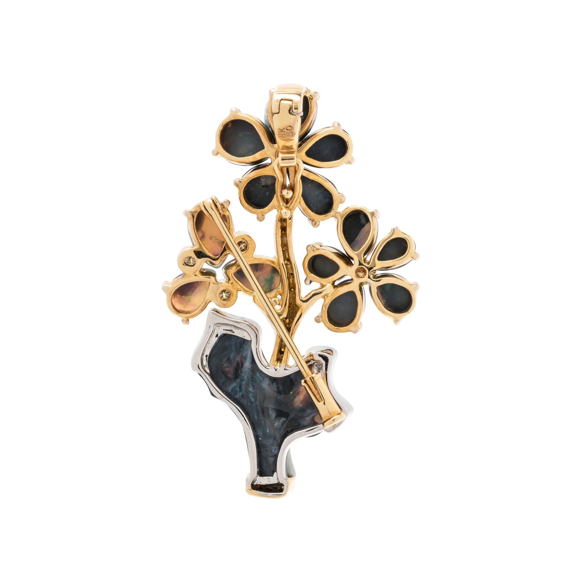 OPAL, COLORED DIAMOND AND DIAMOND FLOWER PENDANT/BROOCH