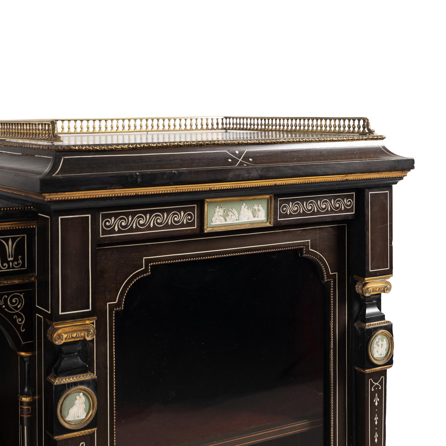 An English Aesthetic Movement Brass-Mounted and Wedgewood Jasperware Inset, Mahogany and Ebony Drawing Room Cabinet
