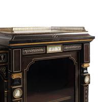 An English Aesthetic Movement Brass-Mounted and Wedgewood Jasperware Inset, Mahogany and Ebony Drawing Room Cabinet