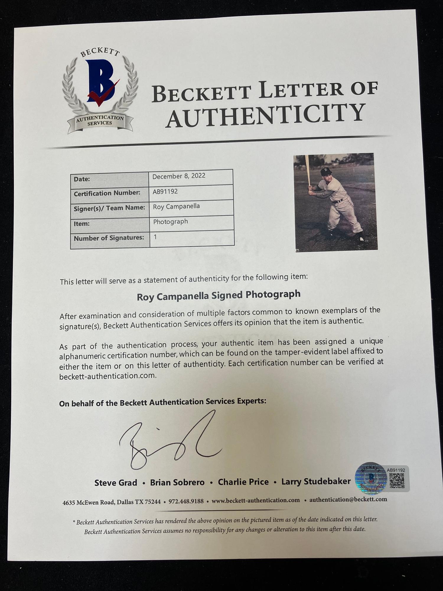 A Roy Campanella Signed Autograph Display (Beckett Authentication Services Certified),