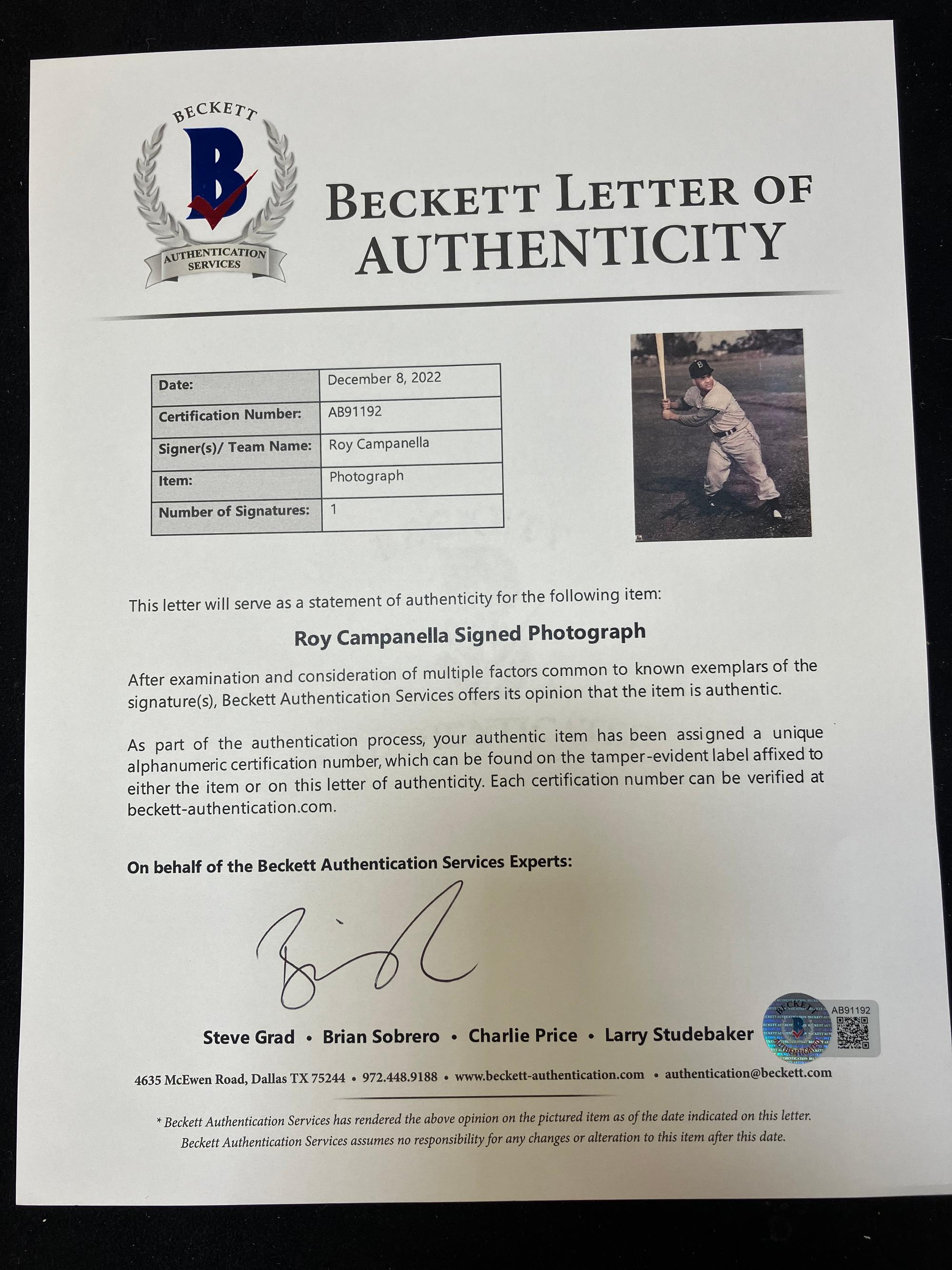A Roy Campanella Signed Autograph Display (Beckett Authentication Services Certified),