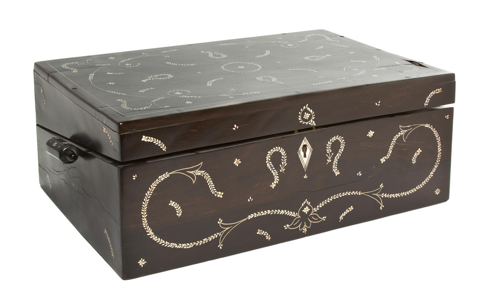 An English Ivory Inlaid Rosewood Lap Desk, Width over handles 16 1/4 inches.