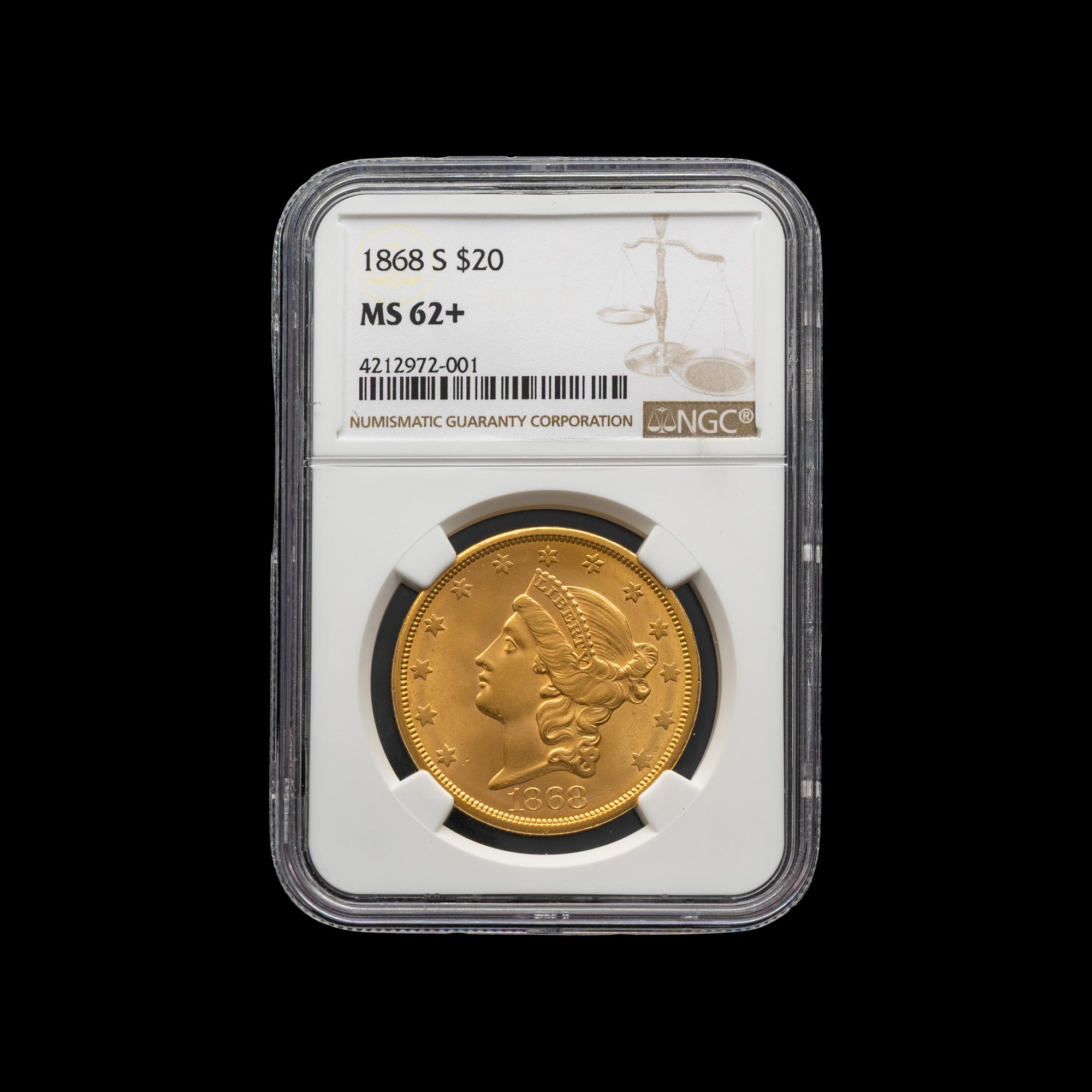 An 1868-S Liberty Head $20 Gold Coin [NGC MS62+]